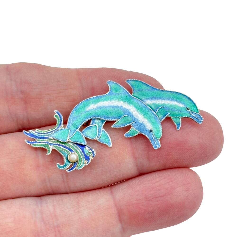 Vintage Sterling Silver 925 Dolphin Enamel Brooch